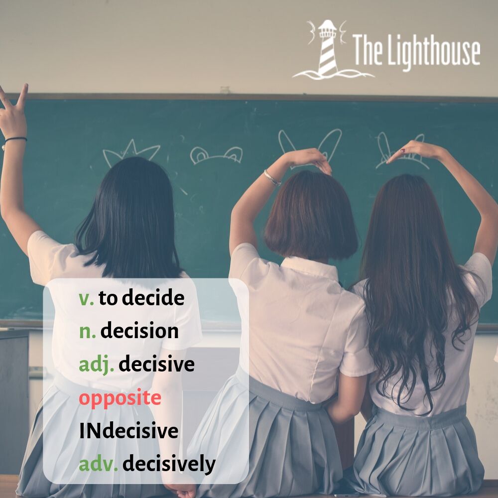 decide, decision, decisive etc.